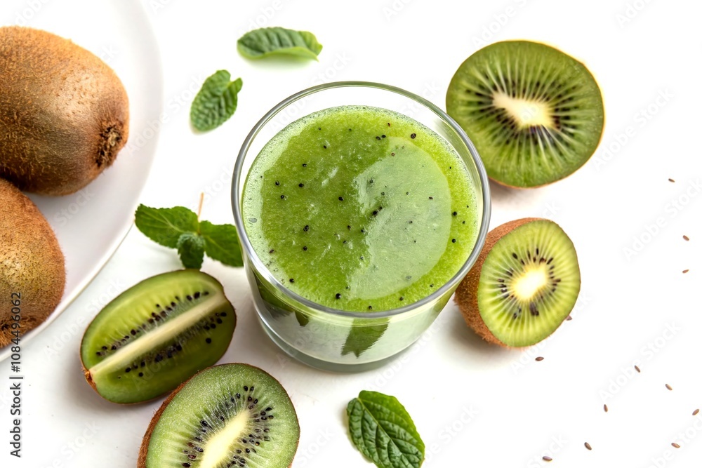Poster refreshing kiwi juice and slices with minimalist style on a clean background for premium quality sto