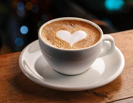 Tasse de caf&eacute; latte au d&eacute;jeuner mousse de lait en forme de c&oelig;ur
