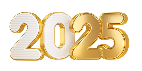 2025 Gold and White Numbers in 3D Render for New Year Celebrations with transparent background