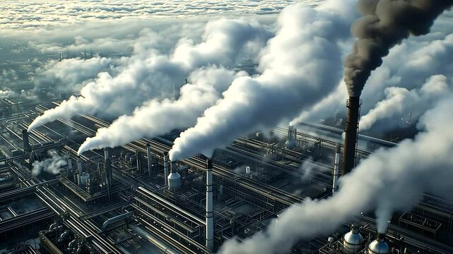An aerial view of a refinery equipped with futuristic carbon capture units, showing emissions being drawn into a complex system of underground storage tunnels, symbolizing CCUS as