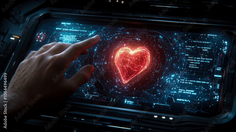 Poster a hand reaches out to touch a vibrant heart symbol on an advanced display filled with intricate digi
