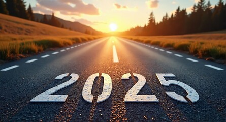 A winding road leading to the sunset with the year 2025 painted on the asphalt, symbolizing a new beginning in the evening light. New Year
