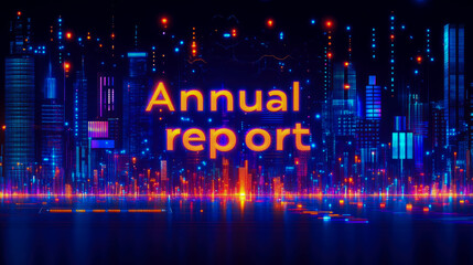 Obraz premium A vibrant digital skyline displays the words annual report illuminated by colorful lights, suggesting a futuristic city environment at night