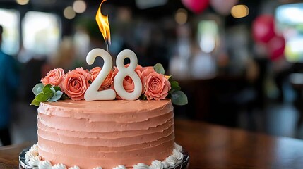 Celebratory pink birthday cake with flaming number 28 and rose decoration, creating a festive atmosphere.