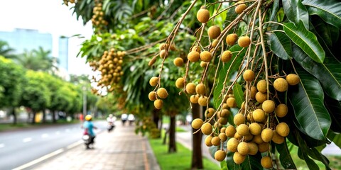 Ripe Longan Fruits on Tree Branches in Urban Garden Setting with Shallow Focus and Soft Background, Capturing the Essence of Freshness and Natural Beauty in City Life