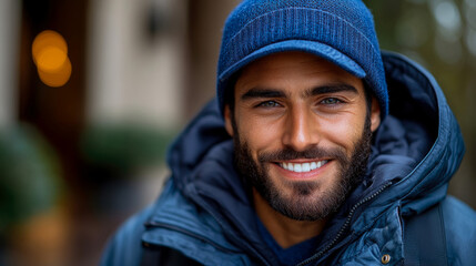 A young man smiles brightly with a blue hat and jacket on a cool day outside a charming building, reflecting a cheerful autumn vibe