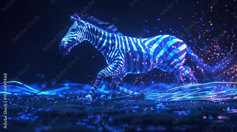 Poster a digital illustration of a zebra running through a field of blue light with glowing particles.