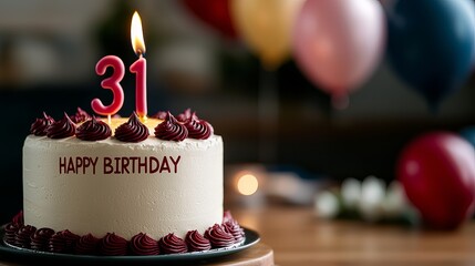 Elegant birthday cake with '31' candles, surrounded by colorful balloons in a festive setting.