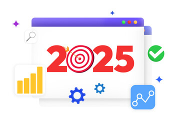 Business Strategy for 2025 background design with target hitting dart board and modern colorful shape bars. Finance, business growth, success, planning, new year, isolated design