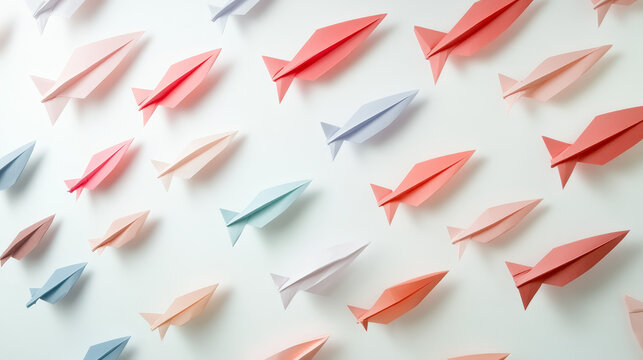 Pastel origami paper planes on white background