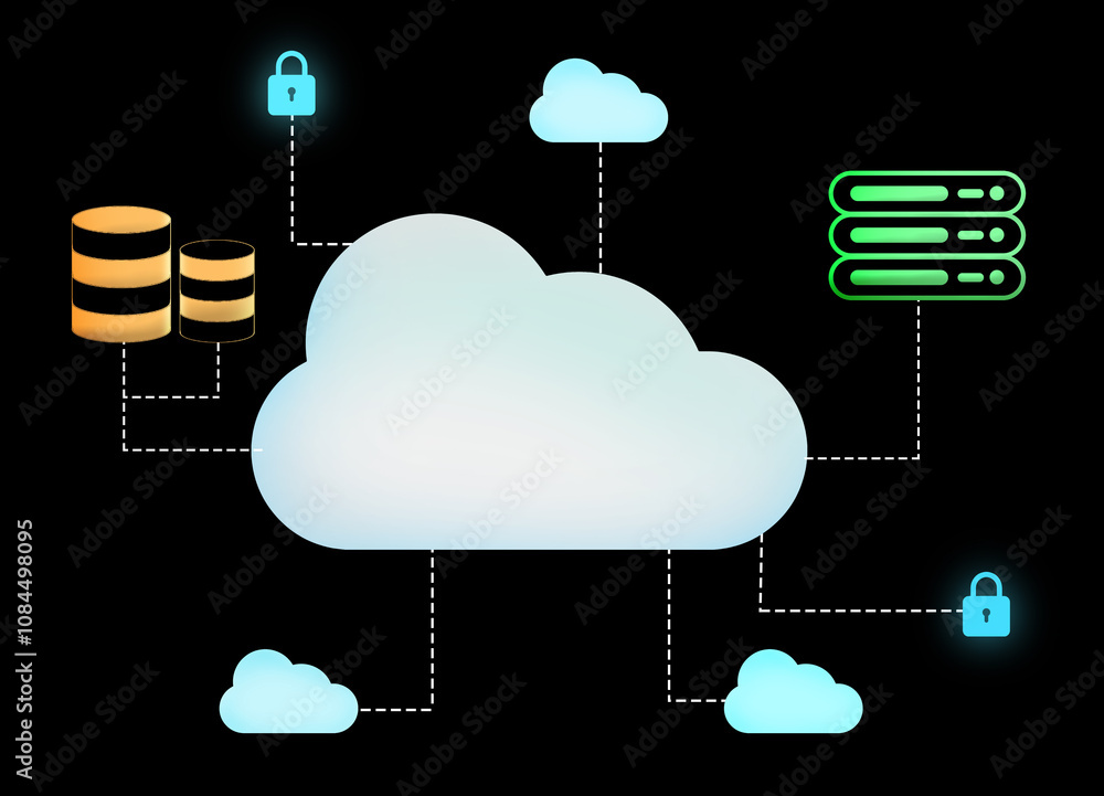 Poster cloud computing concept design with shapes on black isolated backdrop.