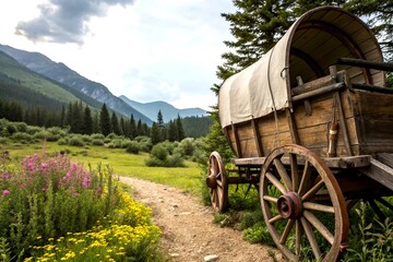 Fototapeta premium Rustic Wooden Wagon with Curved Roof and Four Wheels Set Against a Beautiful Natural Landscape, Perfect for Vintage and Countryside Themes in Photography and Art Projects