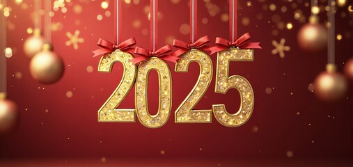 Fototapeta premium Golden decorations of the year 2025 hanging on a festive red background with ornaments and sparkling lights during the holiday season. New Year