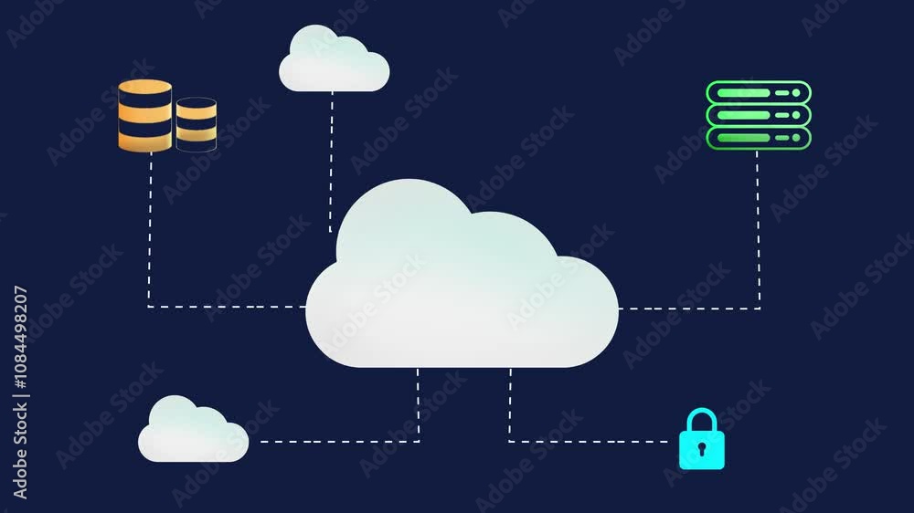 Poster cloud computing infographics 4k animation with network servers and storage design. modern data stora