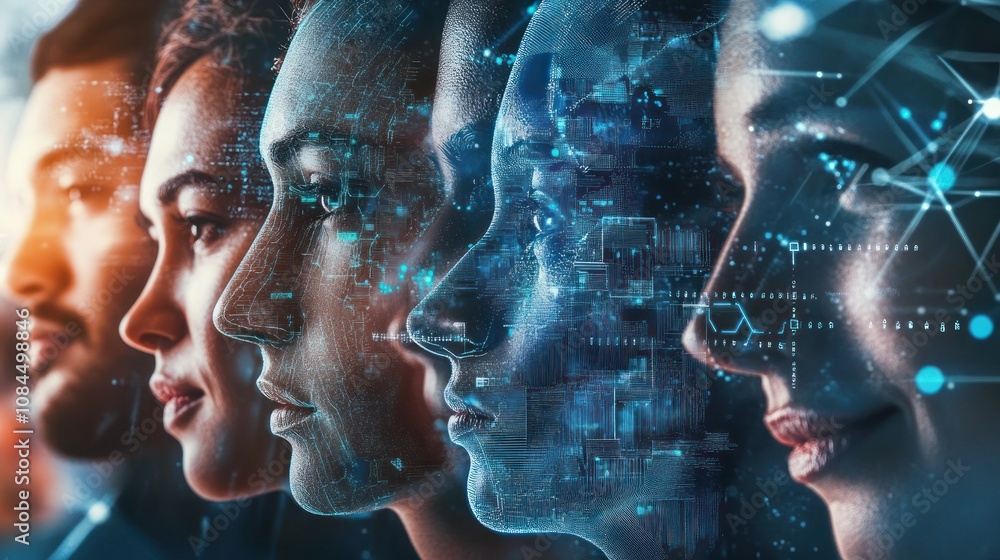 Poster a digital representation of diverse faces with technology and data overlays.