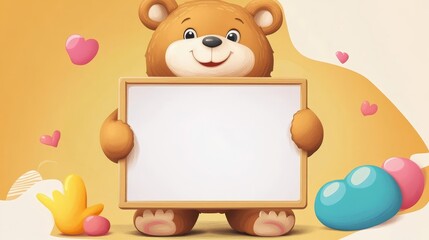Fototapeta premium A teddy bear holding a blank board with hearts in the background