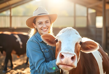 young farmer woman hug cow in farm
