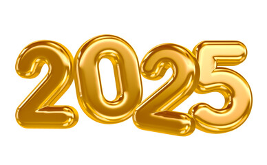 2025 Gold Numbers with Glossy Finish in 3D Render for Modern New Year Themes with transparent background