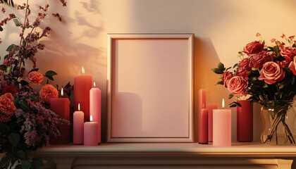 Valentine-themed mockup template featuring a blank frame showcased on a mantle, surrounded by romantic red and pink decor elements. Ideal for showcasing heartfelt messages and designs.
