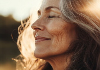 A very close view of a mature woman&rsquo;s face, highlighting her joyful expression