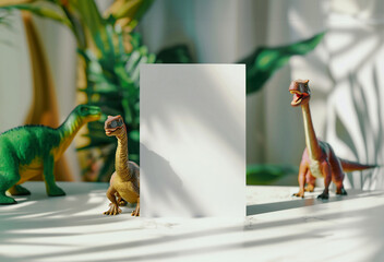 Creative Dinosaur-Themed Blank Card Mockup on Marble Background with Playful Green Toy and Cheerful Indoor Plants – Perfect for Kids' Celebration Invitations