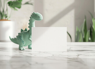 Cute Dinosaur Party Invitation Mockup with Blank Card, Green Toy, and Indoor Plant Decor – Ideal...