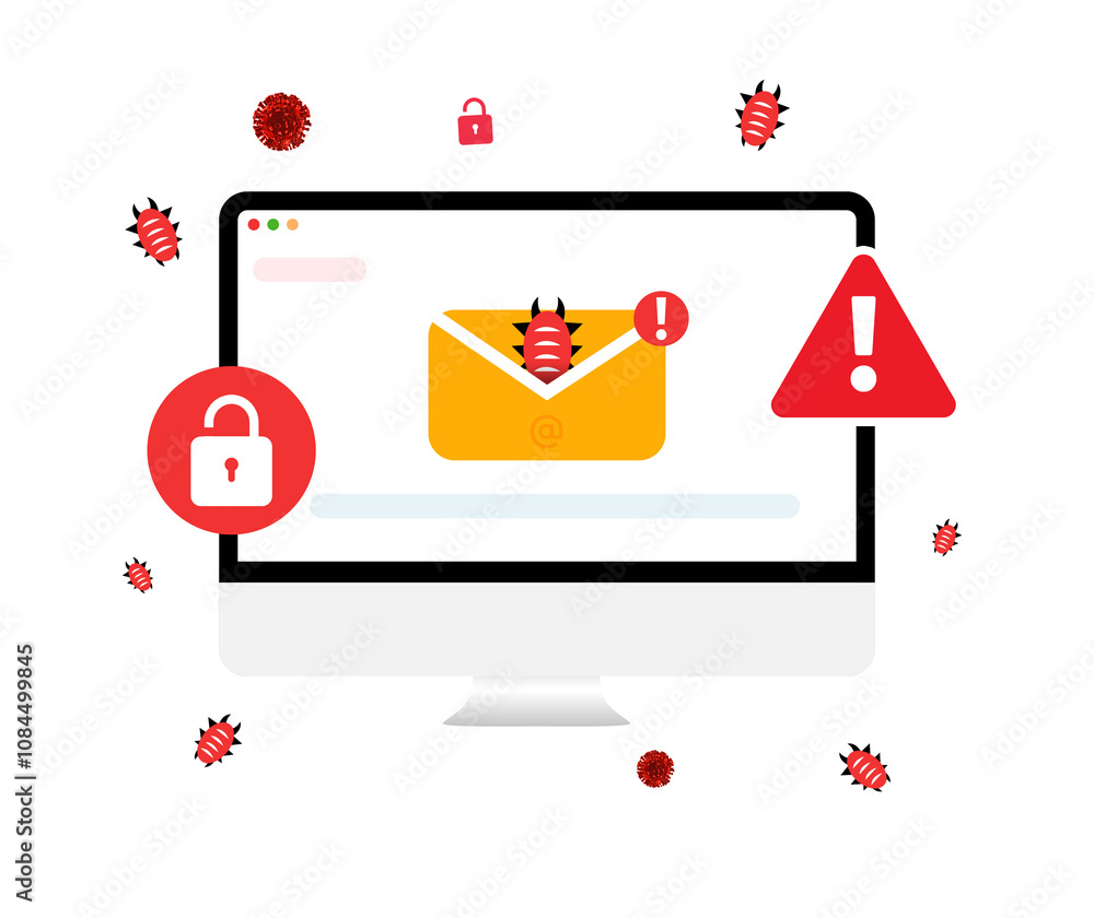 Poster infected email or virus concept with screen showing yellow spam message and insect coming out of it.