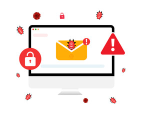 Infected email or virus concept with screen showing yellow spam message and insect coming out of it. Computer screen with spam email design on white backdrop