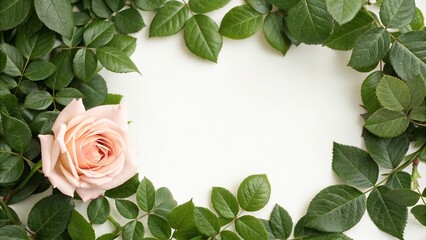 Naklejka premium Delicate rose flower with lush green leaves forming a natural frame, gardenia, horticulture, nature