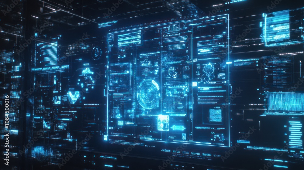 Poster a futuristic digital interface displaying data and analytics in a high-tech environment.