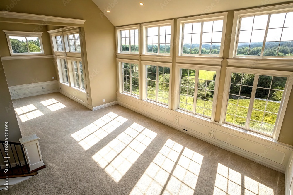 Poster serene empty room with soft window shadows casting a calm atmosphere, ideal for relaxation and minim