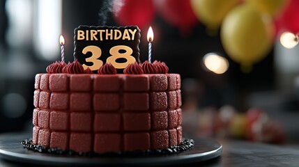 A beautifully decorated red cake with candles signifies a 38th birthday celebration.