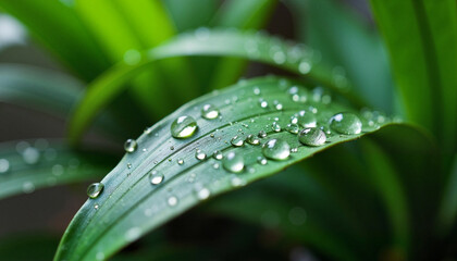 Naklejka premium A close-up view of water droplets on a vibrant green leaf in a cozy indoor gardening space during daylight