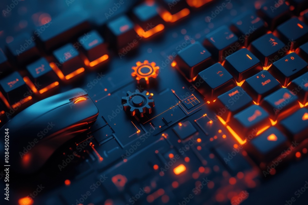 Poster A keyboard displaying bright orange highlights features a mouse and gear overlay, illustrating an active digital workspace at night. Generative AI