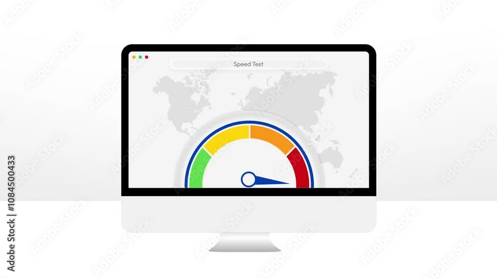 Poster speed test for internet 4k animation with speedometer showing needle from green to red. internet spe