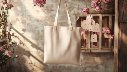 Valentine-themed tote bag mockup hanging on a hook with a small gift accentuating the romantic vibe and perfect for showcasing personalized designs or gift ideas.