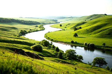Obraz premium Serene Landscape with Looped Frame on a White Background, Showcasing a Tranquil Scene of Lush Green Hills and a Calm River, Captured in a Tilt-Shift Style for an Artistic Effect