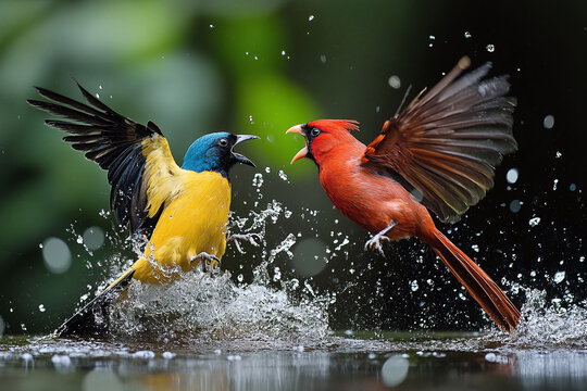 Contrasting colored birds in confrontation.
