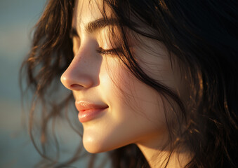 A very close side view of a young Turkish woman’s face, highlighting her joyful expression