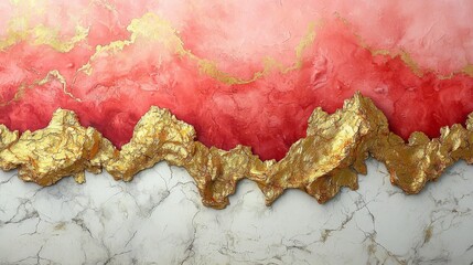 A textured abstract artwork featuring pink, gold, and white marble-like elements.