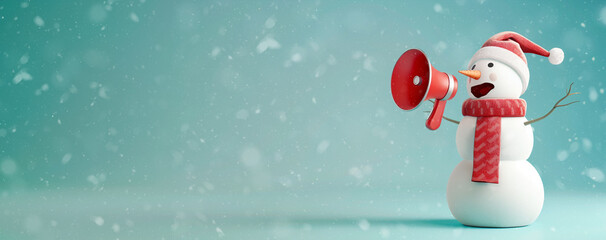 Snowman with megaphone, christmas advertising and marketing concept, social media, announcement for discount sale, winter holiday season 