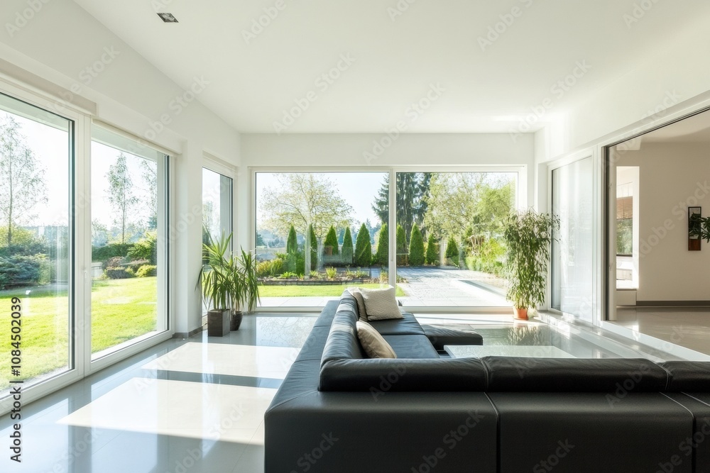 Poster the spacious living room features a sleek black sofa and expansive windows that bring in natural lig