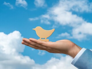 Flexible working symbol. Concept words Flexible working on beautiful sky. Beautiful blue sky cloud background. Businessman hand with wooden bird. Business flexible working concept. Copy space.