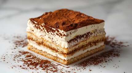 Traditional tiramisu dessert with mascarpone cream, coffee-soaked layers, and cocoa powder on a marble surface. Classic Italian dessert for gourmet concepts