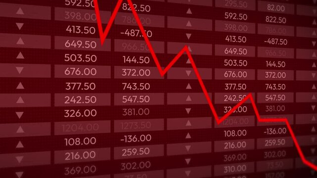 Stock market crash concept in red color with arrow going down, 4k animation. Numbers running showing trading and business downfall, finance footage backdrop - Powered by Adobe