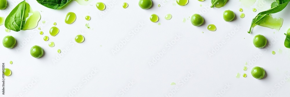 Poster scattered green peas and drops of juice create a bright and refreshing arrangement on a plain white 