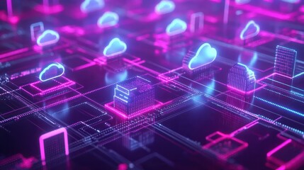 Futuristic network of cloud computing and blockchain technology - A vibrant 3d polygonal illustration depicting the interconnected world of digital currency and modern tech