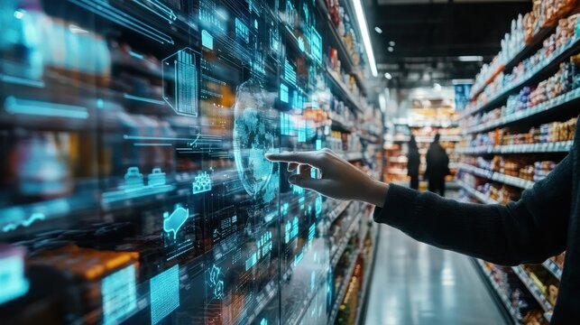 Futuristic shopping experience with digital overlay in a supermarket, advanced supply chain technology - Powered by Adobe