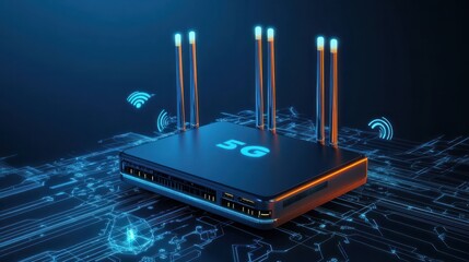 generic modern high speed 5g next generation router for home secure networks and online communication high bandwidth internet technology as wide banner with copy space area and datum data