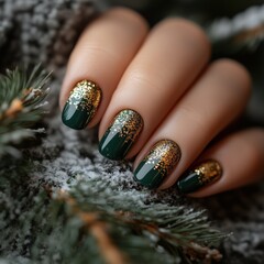 Nail polish art in green and gold, held against pine tree branches in a festive scene